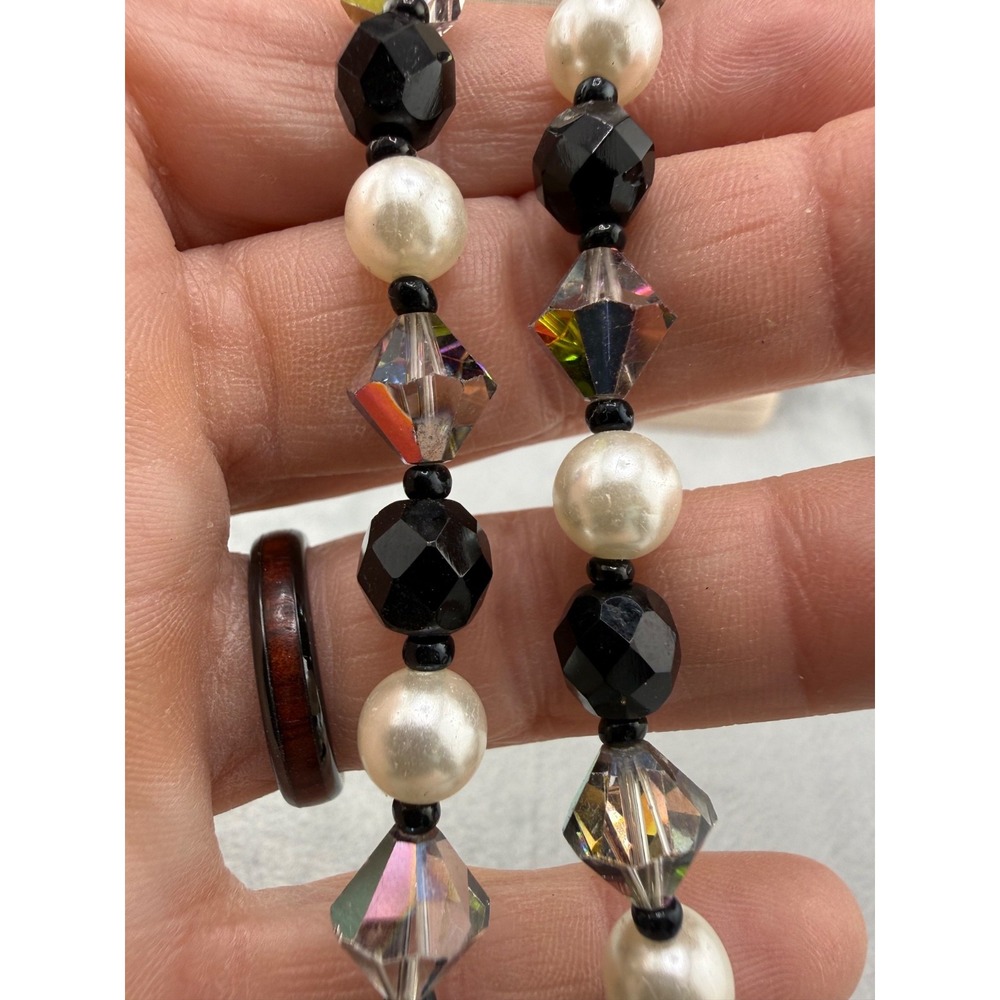 Vintage Faux Pearl Rhinestone Necklace Peacock Oil Slick Black AB Flapper 30”